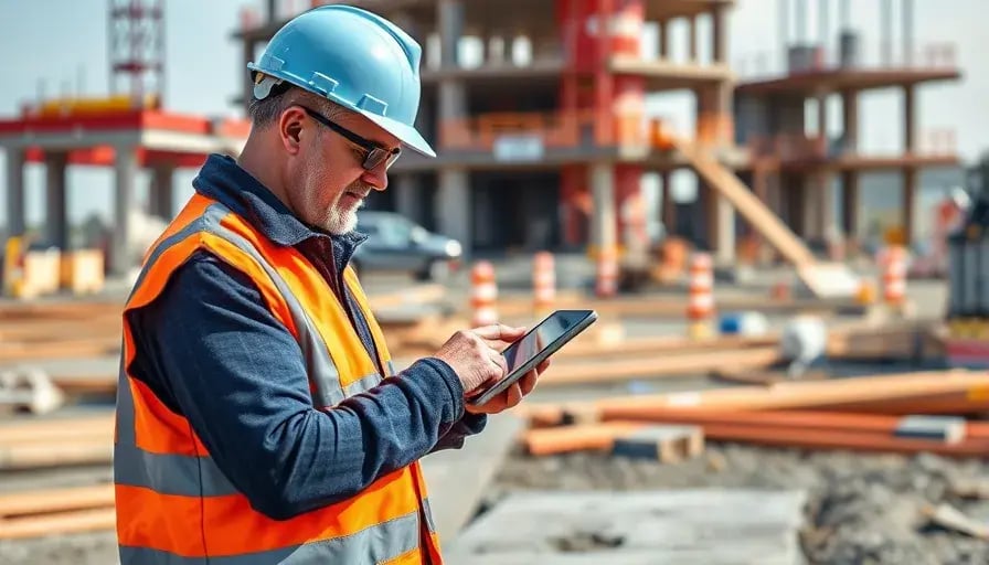 Construction safety, inspector on site, looking at mobile device