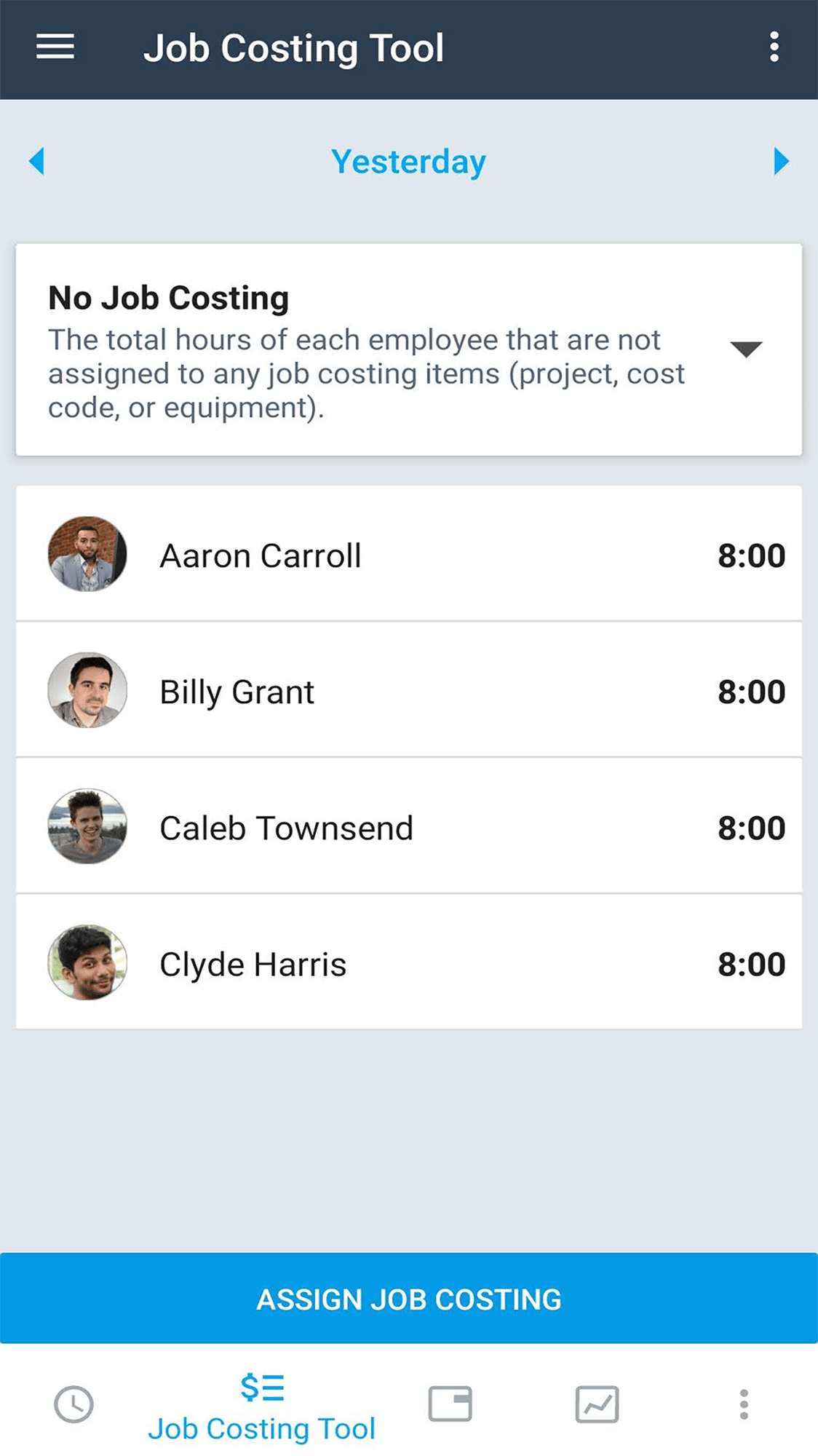 Mobile Screenshot Job Costing page with Employees to Assign Job Costing to