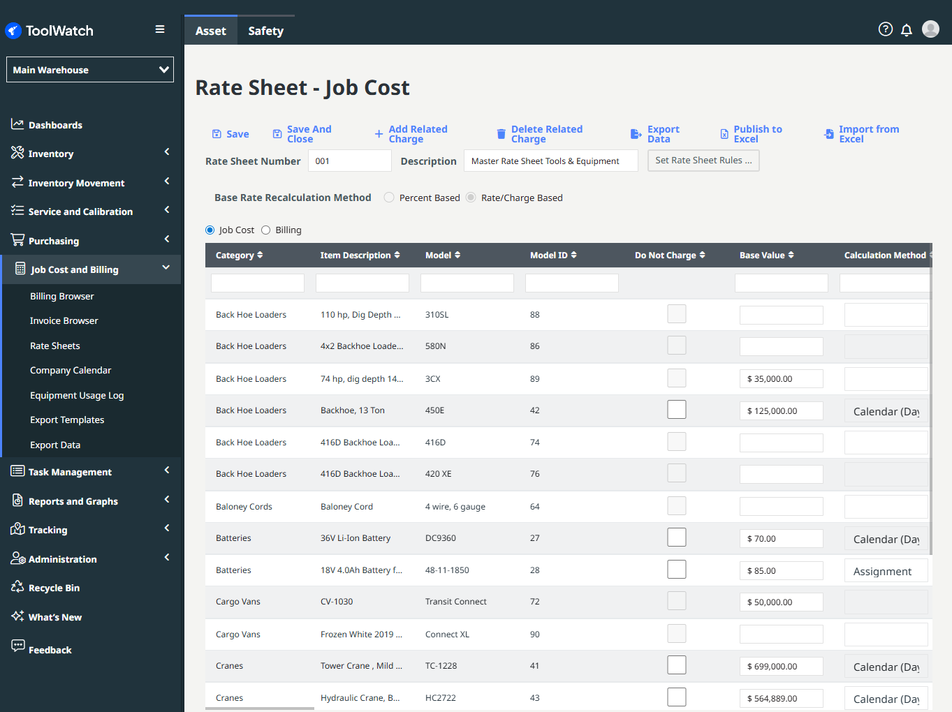 Tablet Job Costing Rate Sheet