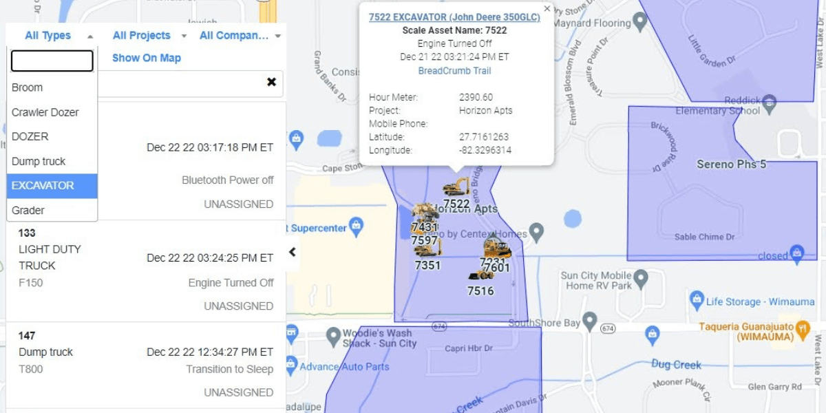 FleetWatcher Construction Management Solutions map dashboard